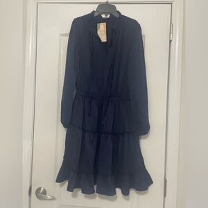 Tie V Neck Long Sleeve High Waist Ruffle Tiered A Line Swing Tunic Mini Dress